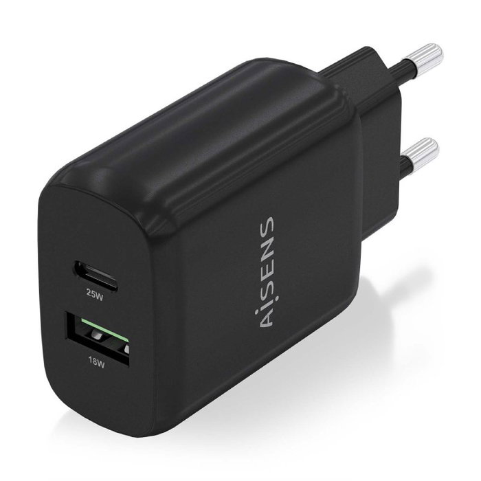 Aisens Cargador 25W con USB-C PD3.0 y USB-A QC3.0 Negro A110-0759 Aisens Cargador 25W con USB-C PD3.0 y USB-A QC3.0 Negro A110-0759